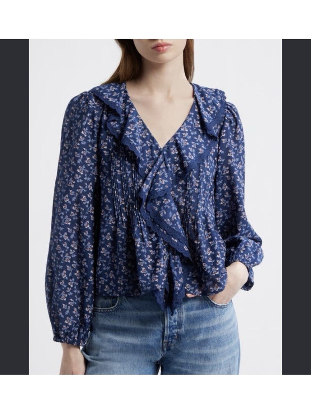 NWT Madewell Lace-Insert Pintucked Long Sleeve Top Small S Blue Floral